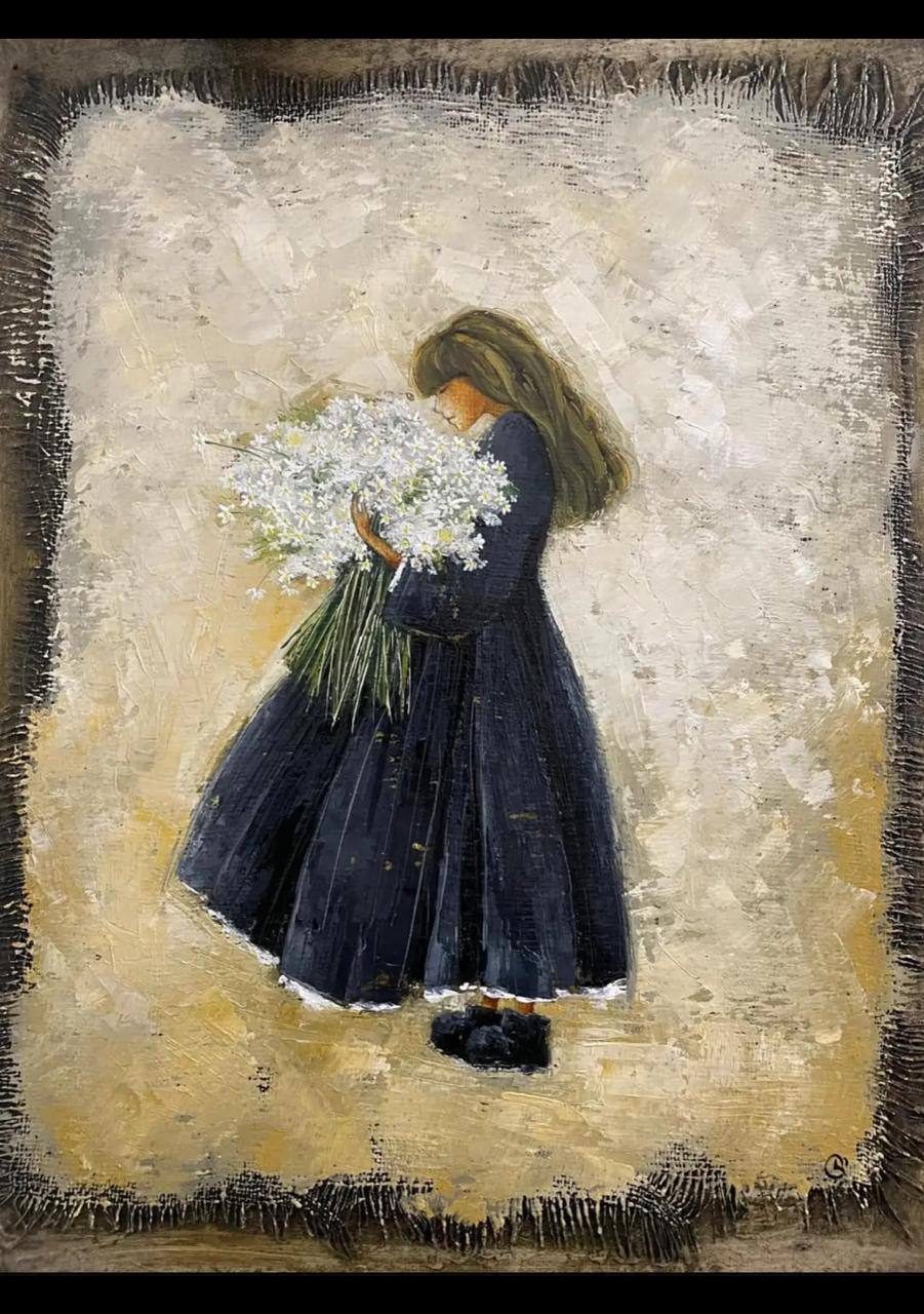 Daisies — oil painting of a girl in dark dress holding a bouquet of white daisies