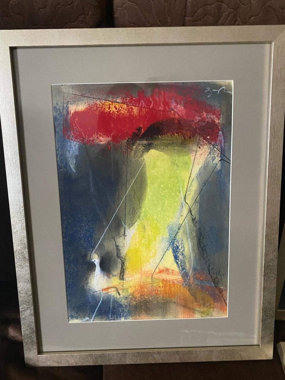 Crimson Veil — abstract pastel composition with red, yellow and deep blue