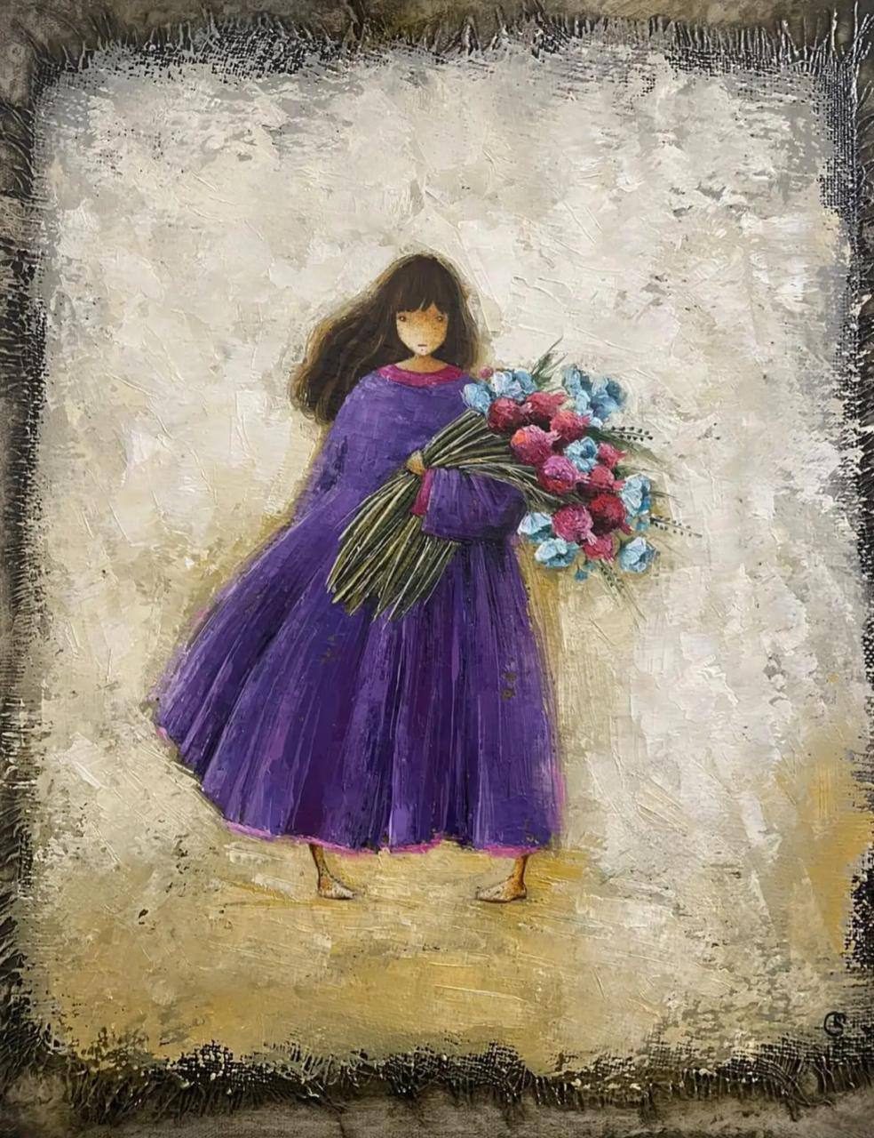 Violet Harvest — oil painting of a girl in violet dress with a bouquet of wildflowers